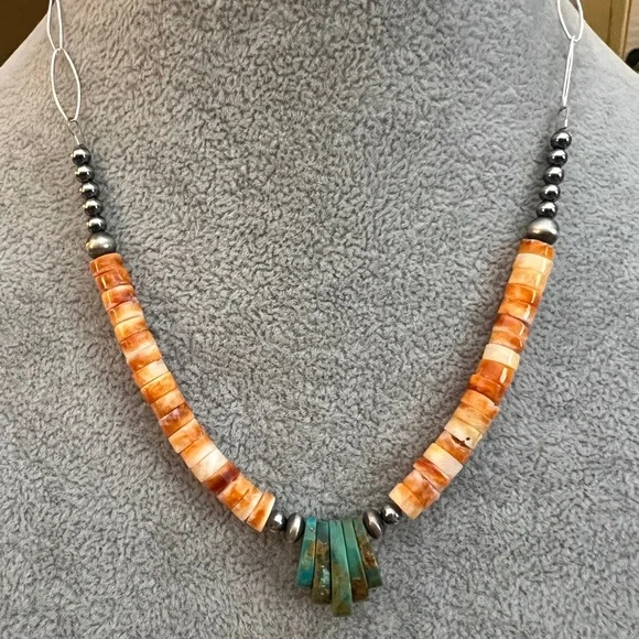 ❤️ Spiny Oyster Heishi Beads & 925 Desert Pearl Navajo Style Jacla Necklace 18” - Picture 6 of 14